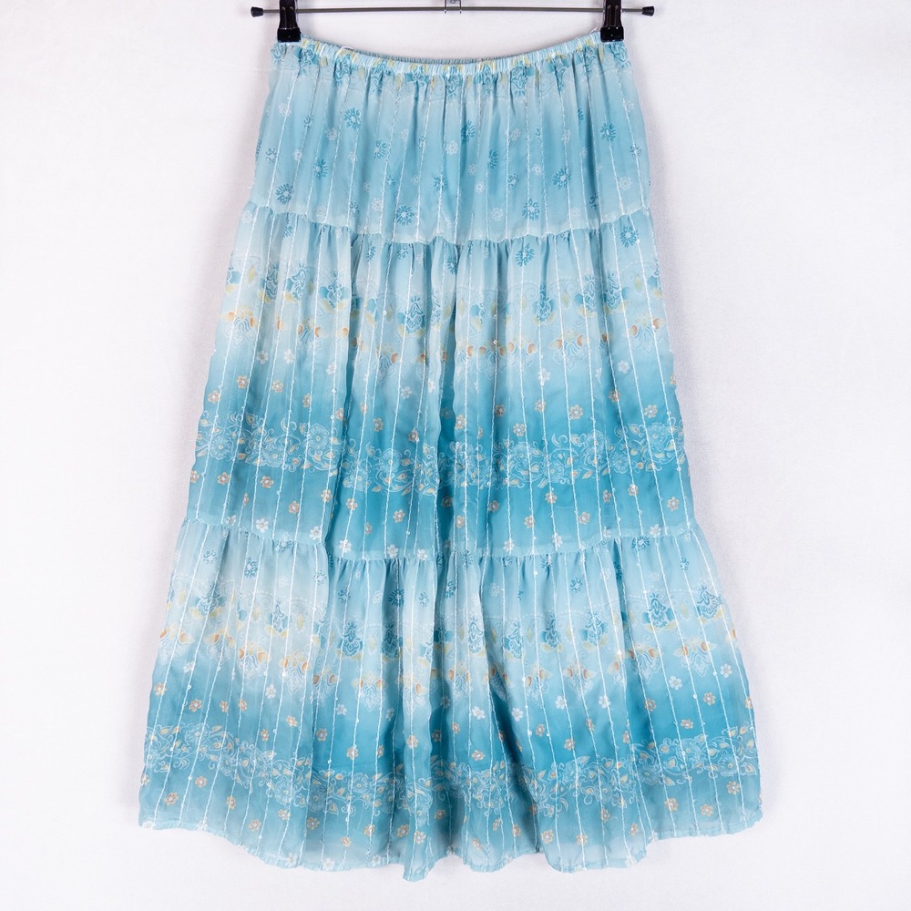 Ronni Nicole Tiered Midi Skirt 12 Blue Ombre Floral Boho Sequin Fairy Festival